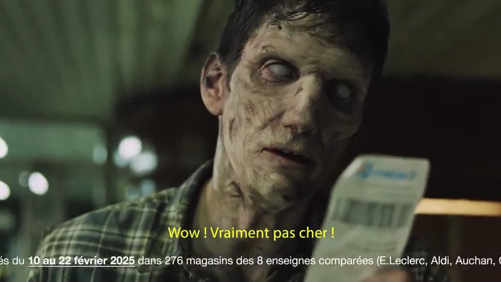 Visuel extrait d'une publicité Leclerc montrant un zombie
